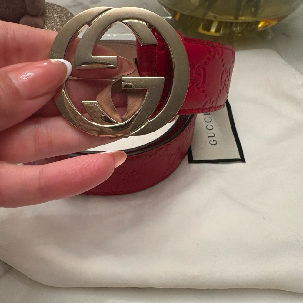 Gucci Crimson Leather Belt with Gold Emblem